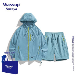 WASSUP NURAYA美式復古防曬套裝男夏季潮流防紫外線連帽外套短褲