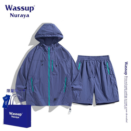 WASSUP NURAYA美式復古防曬套裝男夏季潮流防紫外線連帽外套短褲