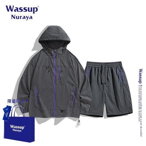 WASSUP NURAYA美式復古防曬套裝男夏季潮流防紫外線連帽外套短褲