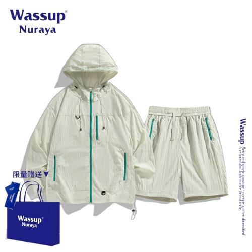 WASSUP NURAYA美式復古防曬套裝男夏季潮流防紫外線連帽外套短褲