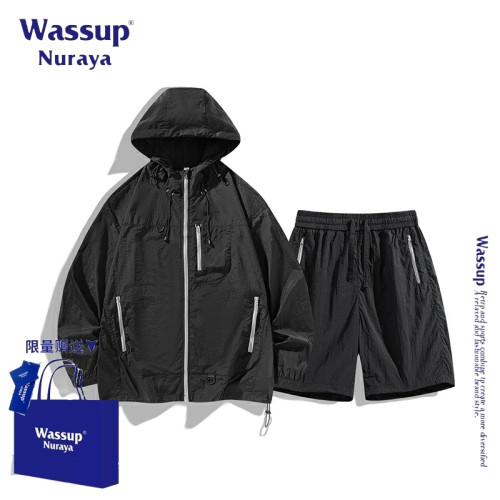 WASSUP NURAYA美式復古防曬套裝男夏季潮流防紫外線連帽外套短褲