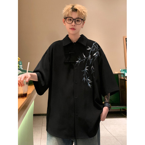 啄木鳥新中式國風短袖襯衫男夏季薄款竹子刺綉冰絲翻領半袖寸衣K
