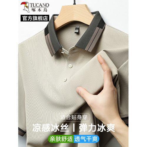 啄木鳥2025夏季新款男士t恤短袖polo衫薄款寬松冰絲爸爸裝上衣服C