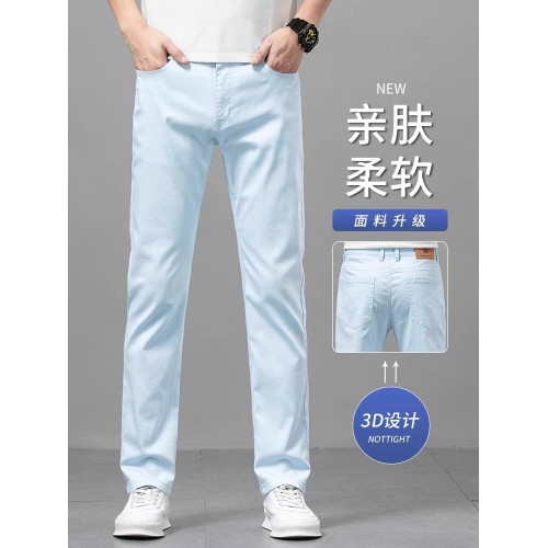 啄木鳥天絲牛仔褲男士夏季薄款修身直筒高級休閒淺色冰絲長褲子K