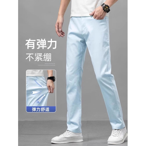 啄木鳥天絲牛仔褲男士夏季薄款修身直筒高級休閒淺色冰絲長褲子K
