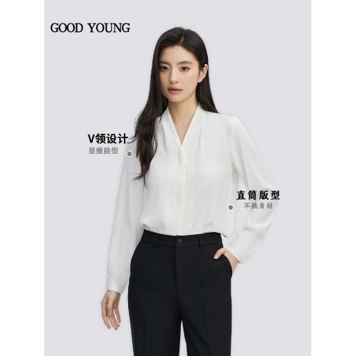 GOODYOUNG白色雪紡開衫V領襯衫抗皺高級感面試襯衣長袖職業通勤女