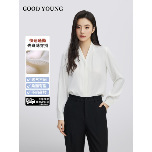 GOODYOUNG白色雪紡開衫V領襯衫抗皺高級感面試襯衣長袖職業通勤女