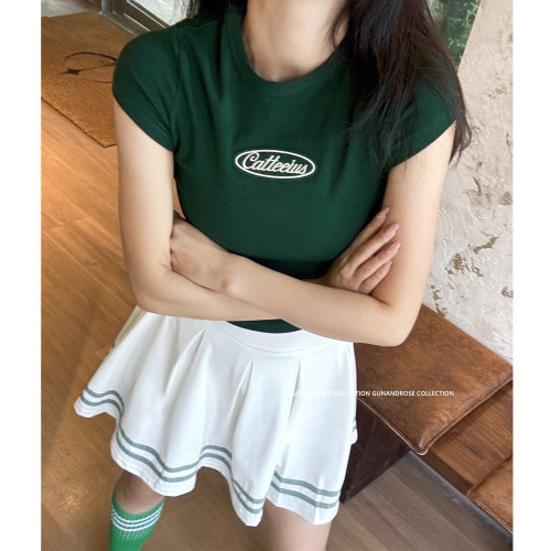 GunAndRose老錢校園美式復古運動刺綉T恤短裙兩件套網球服高爾夫