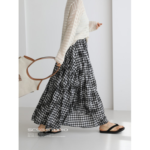 三吋時光4624-清涼度假風浪漫半裙！漸變格紋蛋糕裙半身裙A字長裙