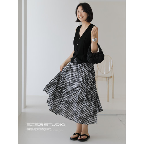 三吋時光4624-清涼度假風浪漫半裙！漸變格紋蛋糕裙半身裙A字長裙