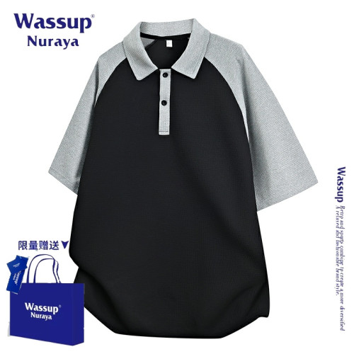 WASSUP NURAYA美式復古撞色拼接翻領短袖POLO衫男士夏季寬松上衣