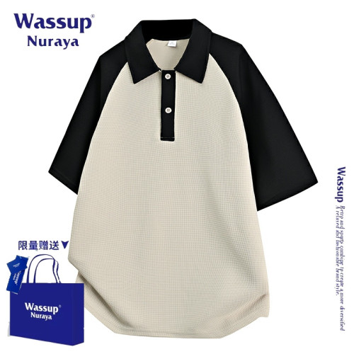WASSUP NURAYA美式復古撞色拼接翻領短袖POLO衫男士夏季寬松上衣