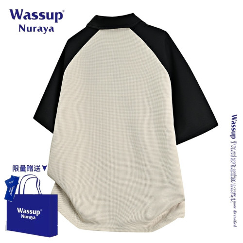 WASSUP NURAYA美式復古撞色拼接翻領短袖POLO衫男士夏季寬松上衣