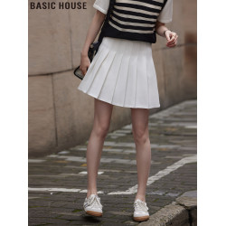 Basic House/百家好白色西裝百褶裙女夏季薄款高腰A字JK半身短裙