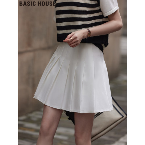 Basic House/百家好白色西裝百褶裙女夏季薄款高腰A字JK半身短裙