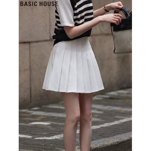 Basic House/百家好白色西裝百褶裙女夏季薄款高腰A字JK半身短裙
