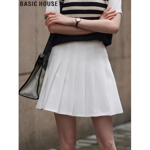 Basic House/百家好白色西裝百褶裙女夏季薄款高腰A字JK半身短裙