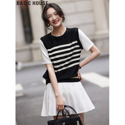 Basic House/百家好白色西裝百褶裙女夏季薄款高腰A字JK半身短裙
