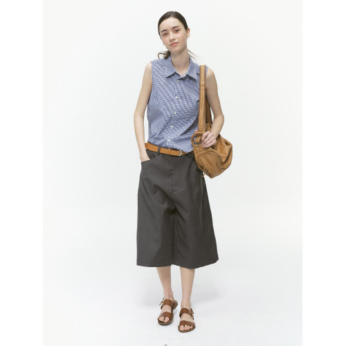 CountryMoment 翻領無袖格子襯衫女夏修身顯瘦襯衣內搭背心打底衫