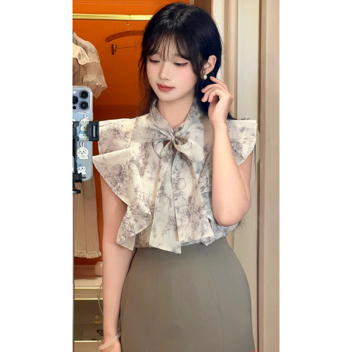 小泡芙日系春夏新款女裝時尚甜美印花小飛袖蝴蝶結系帶襯衫上衣女
