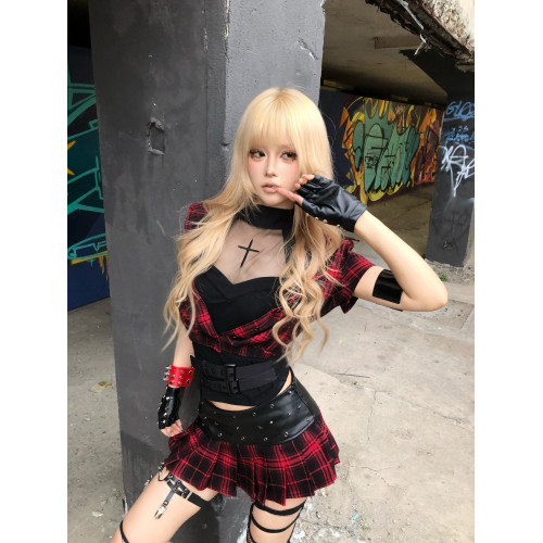 正版 格子裙砂澁信件SanzL1tter原創拼皮紅黑格子鉚釘短裙 有打底