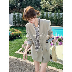 Rouje Wardr法式飄帶西裝氣質套裝裙女春夏設計感西服短裙兩件套