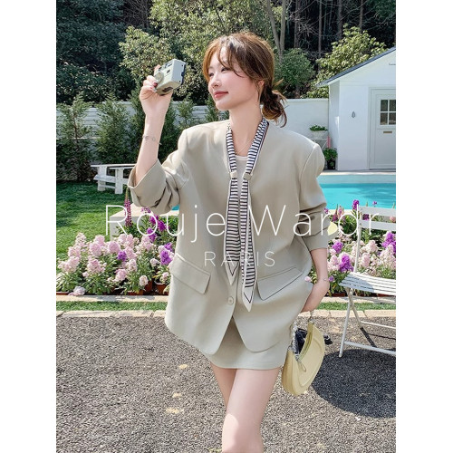 Rouje Wardr法式飄帶西裝氣質套裝裙女春夏設計感西服短裙兩件套