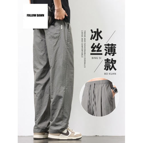 2025新款夏季薄款冰絲休閒褲男士潮牌寬松直筒運動速乾濶腿長褲子