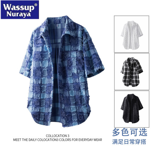 WASSUP Nuraya潮牌襯衫男小香風短袖高級感痞帥流蘇格子襯衣夏季