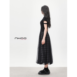 NHOO恩逅 小衆設計感格紋網紗裙夏季2025薄款a字蓬蓬花苞半身裙子