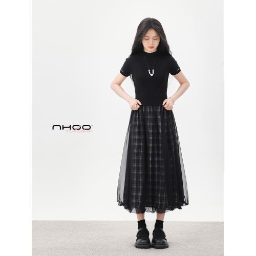 NHOO恩逅 小衆設計感格紋網紗裙夏季2025薄款a字蓬蓬花苞半身裙子