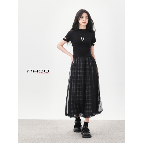 NHOO恩逅 小衆設計感格紋網紗裙夏季2025薄款a字蓬蓬花苞半身裙子