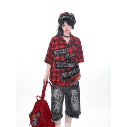 KNOW8原創美式復古格子襯衫男女夏季情侶寬松休閒百搭短袖上衣