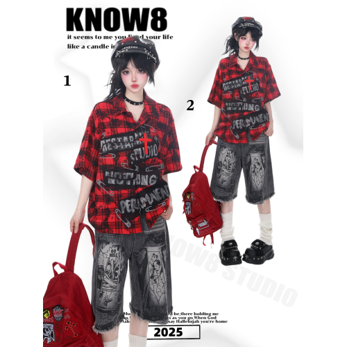 KNOW8原創美式復古格子襯衫男女夏季情侶寬松休閒百搭短袖上衣