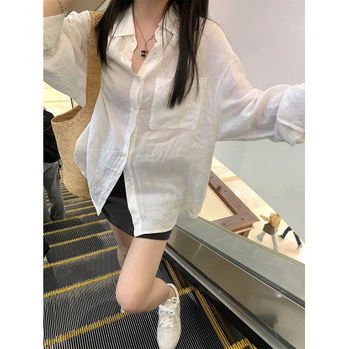 韓系老錢風苧麻白色長袖襯衫春夏2025新款慵懶舒適透氣防曬上衣