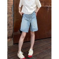 淺藍色牛仔褲裙女2025夏季新款大碼胖mm設計感假兩件A字半身短裙