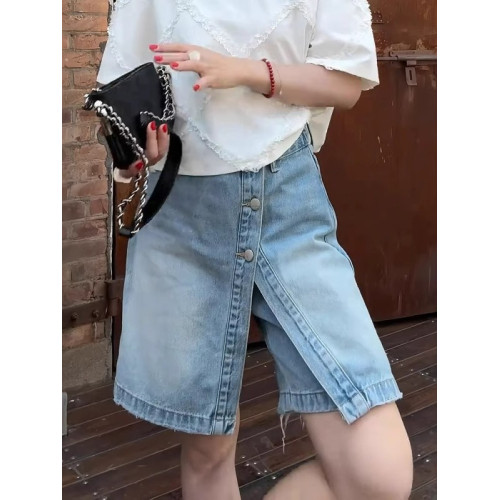 淺藍色牛仔褲裙女2025夏季新款大碼胖mm設計感假兩件A字半身短裙