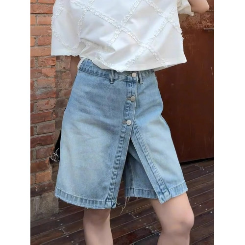 淺藍色牛仔褲裙女2025夏季新款大碼胖mm設計感假兩件A字半身短裙