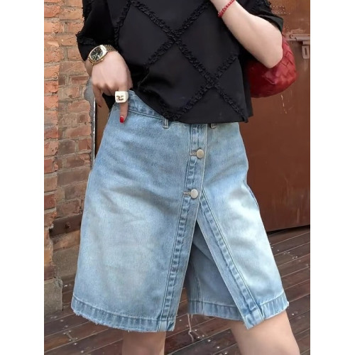 淺藍色牛仔褲裙女2025夏季新款大碼胖mm設計感假兩件A字半身短裙