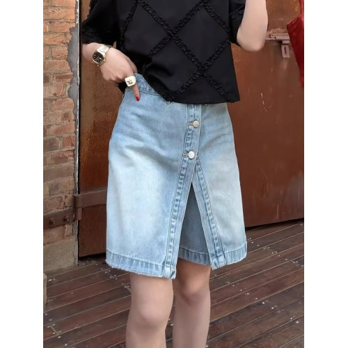 淺藍色牛仔褲裙女2025夏季新款大碼胖mm設計感假兩件A字半身短裙