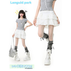 藍鬼公園Languid Park 蝴蝶結白色蓬蓬裙女夏季新款高腰短裙裙子