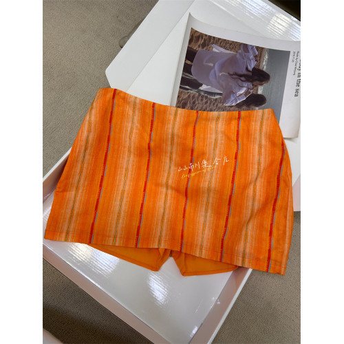 還原 橙色格紋100純棉竪條印花復古顯瘦半裙超短裙 帶安全褲