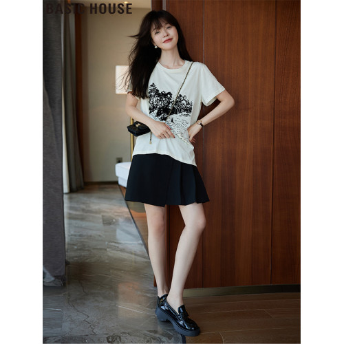 Basic House/百家好不規則黑色西裝百褶短裙女裝2025巨好看的裙子