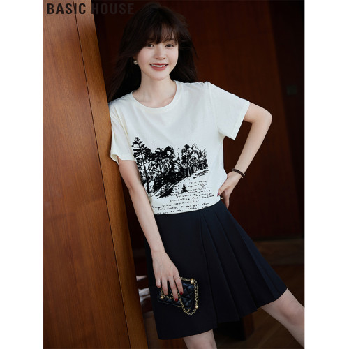 Basic House/百家好不規則黑色西裝百褶短裙女裝2025巨好看的裙子