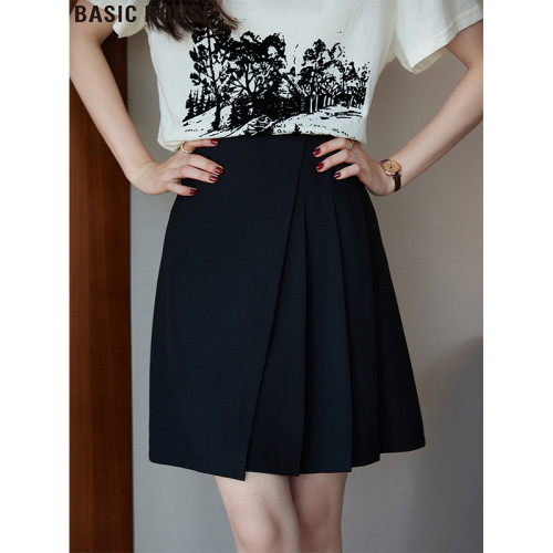 Basic House/百家好不規則黑色西裝百褶短裙女裝2025巨好看的裙子