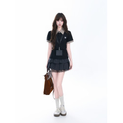 kk soul日系學院風撞色翻領短袖襯衫夏季小個子修身正肩打底襯衣