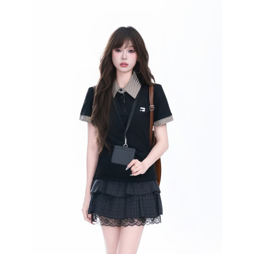 kk soul日系學院風撞色翻領短袖襯衫夏季小個子修身正肩打底襯衣