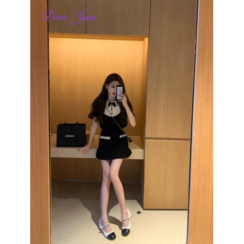 Dear June 法式富家千金甜美減齡蝴蝶結黑白上衣小香風短裙女套裝