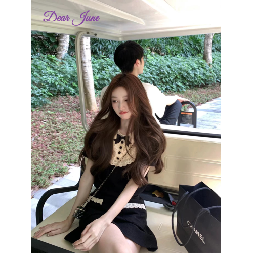 Dear June 法式富家千金甜美減齡蝴蝶結黑白上衣小香風短裙女套裝