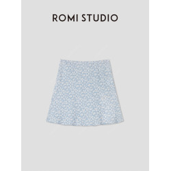 ROMI STUDIO 法式優雅淺藍碎花斜裁松緊腰A字半身短裙RWCRXY3698